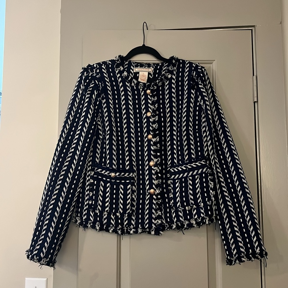 Flying Tomato Tweed Fringe Blazer Navy Black White Jacket